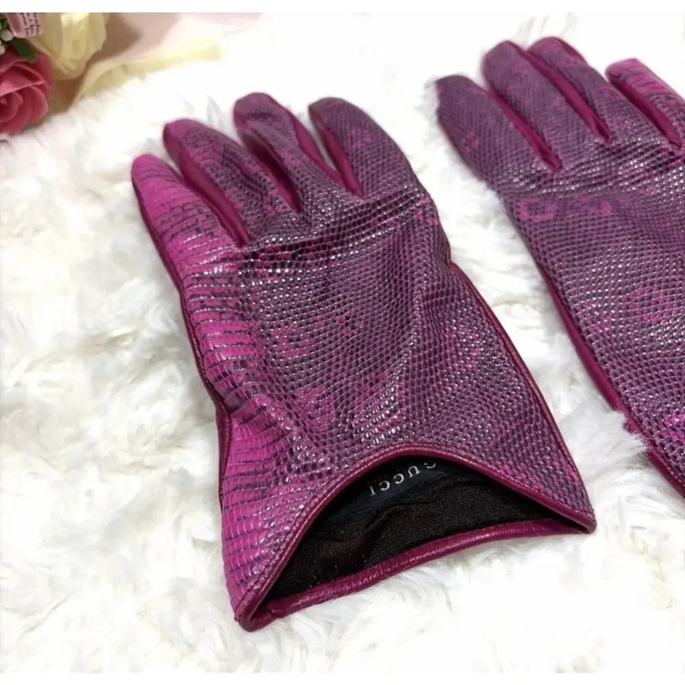 GUCCI RARE LIZARD Skin Leather Pink Gold GG Insignia Gloves Size 7.5 Authentic - Picture 4 of 9